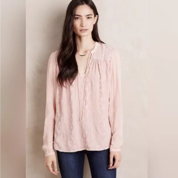 Tiny Anthropologie Pink Embroidered Tie Neck Long Sleeve Blouse size medium - Picture 1 of 9